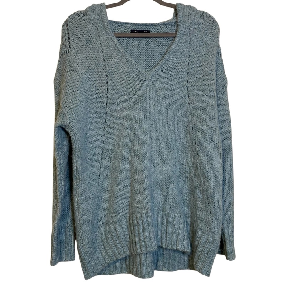 American Eagle Blue Hooded Sweater Women Small Jegging Fit Wool Blend V-Neck